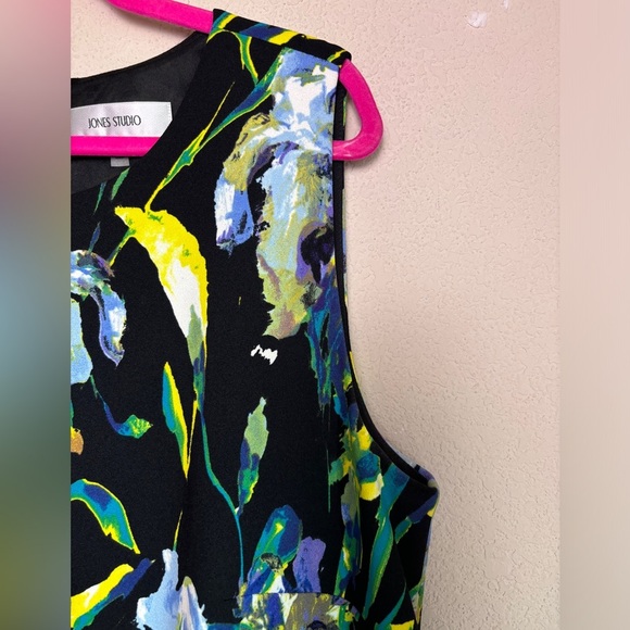 Jones Studio Black and Yellow Spring Floral Sleeveless Sheath Shift Dress 16W - Picture 3 of 6